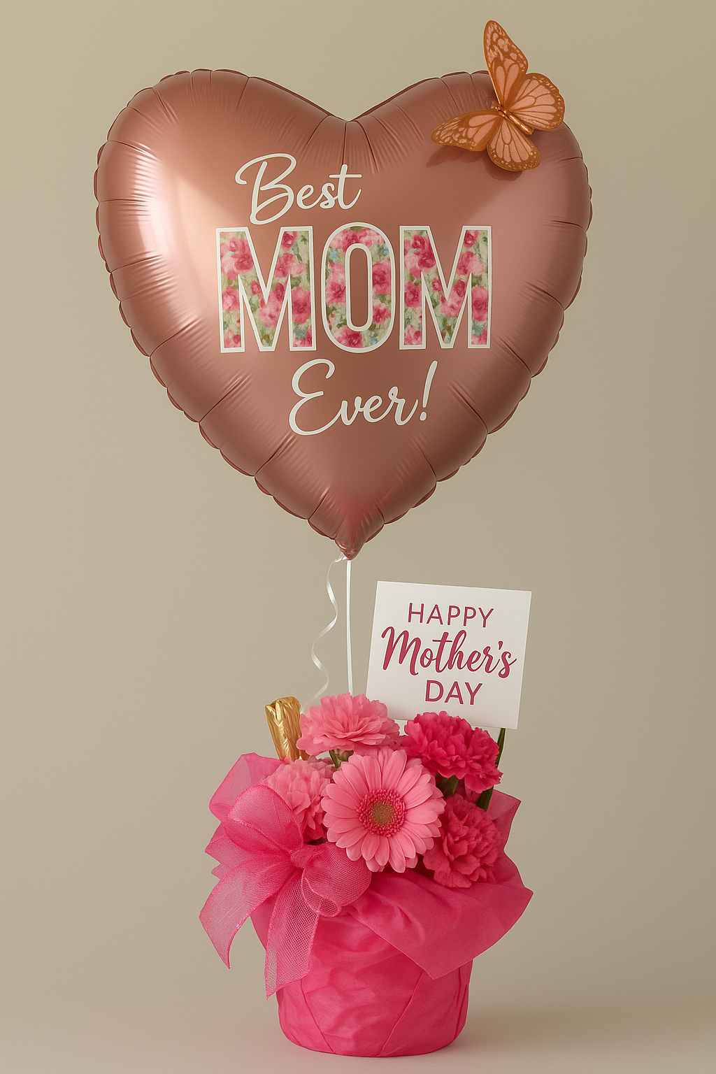 Heart-Shaped Balloon & Pink Floral Gift Basket